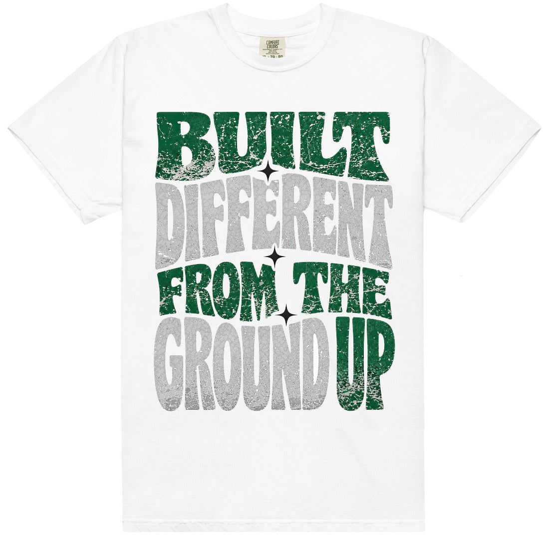 White HeatLit ‘Built Different From The Ground Up’ tee with a Pine Green front graphic — forest green and grey elephant-print texture.