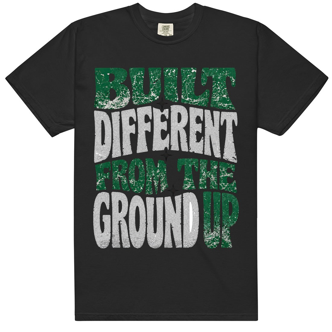 Black HeatLit ‘Built Different From The Ground Up’ tee with a Pine Green front graphic — forest green and grey elephant-print texture.