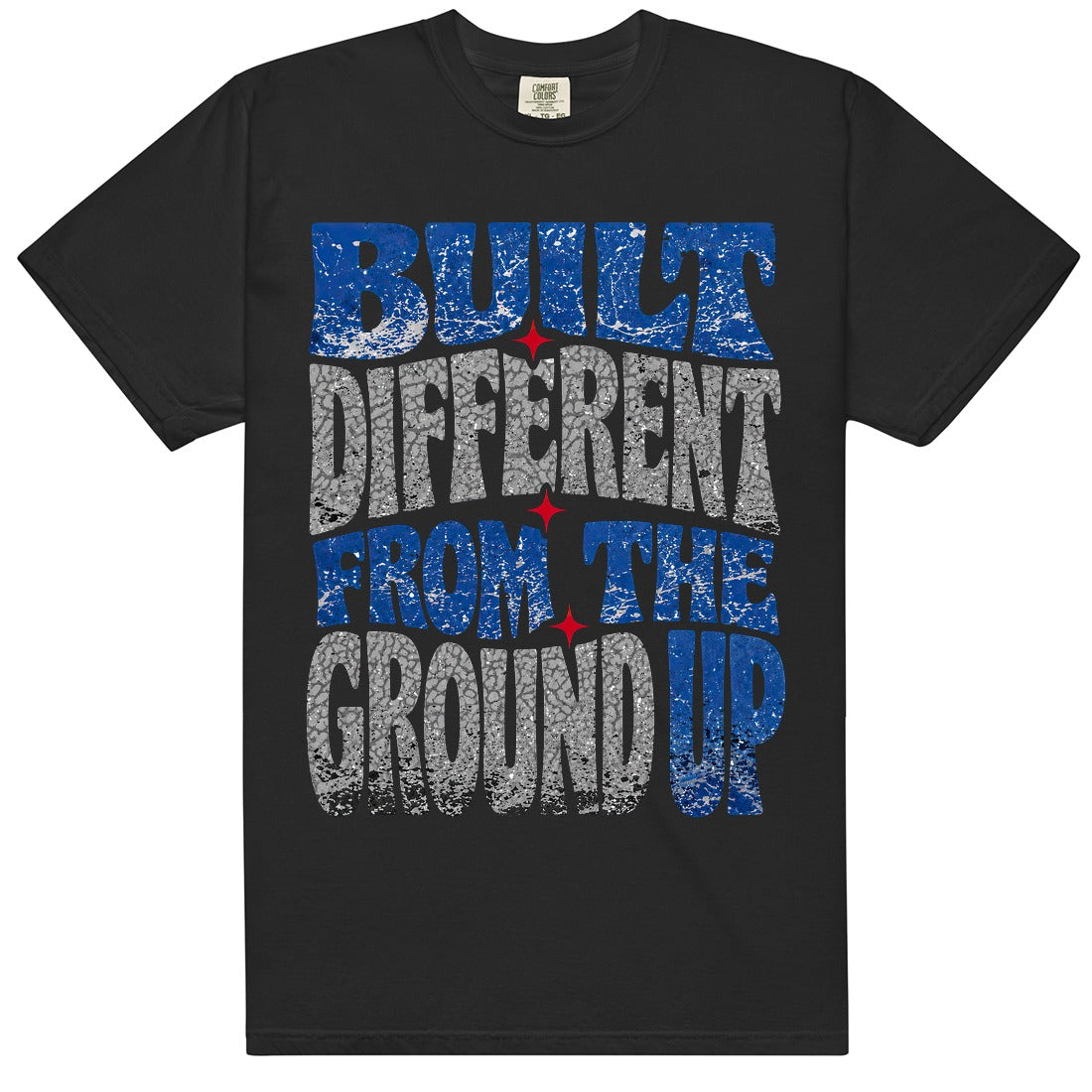 Black HeatLit ‘Built Different From The Ground Up’ tee with a True Blue front graphic — royal blue, grey elephant print and red accents.