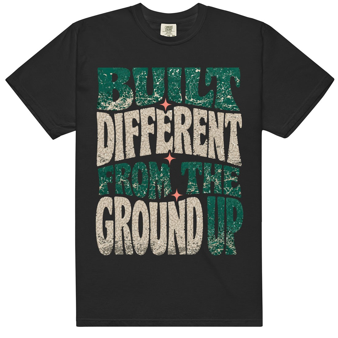 Black HeatLit ‘Built Different From The Ground Up’ tee with a Birds of Paradise front graphic — teal green, cream elephant print and coral accents.